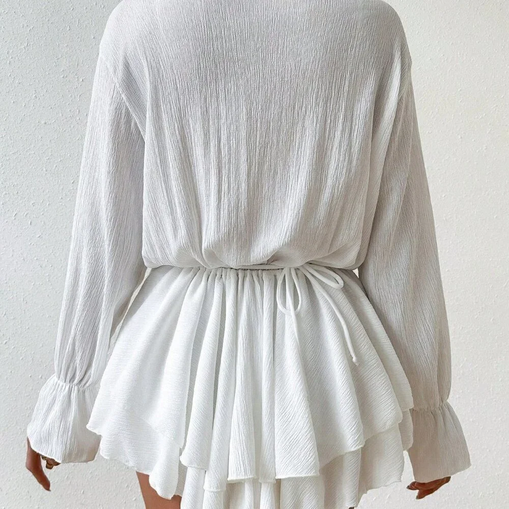 White Women's Ruffle Trim Flounce Sleeve Cover Up Dress Without Bikini